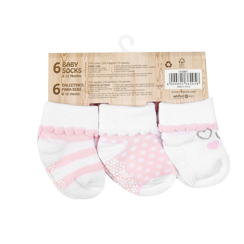 Infancie Baby Girls 6-Pack Socks White/Pink Age- Newborn to 6 Months IT4955