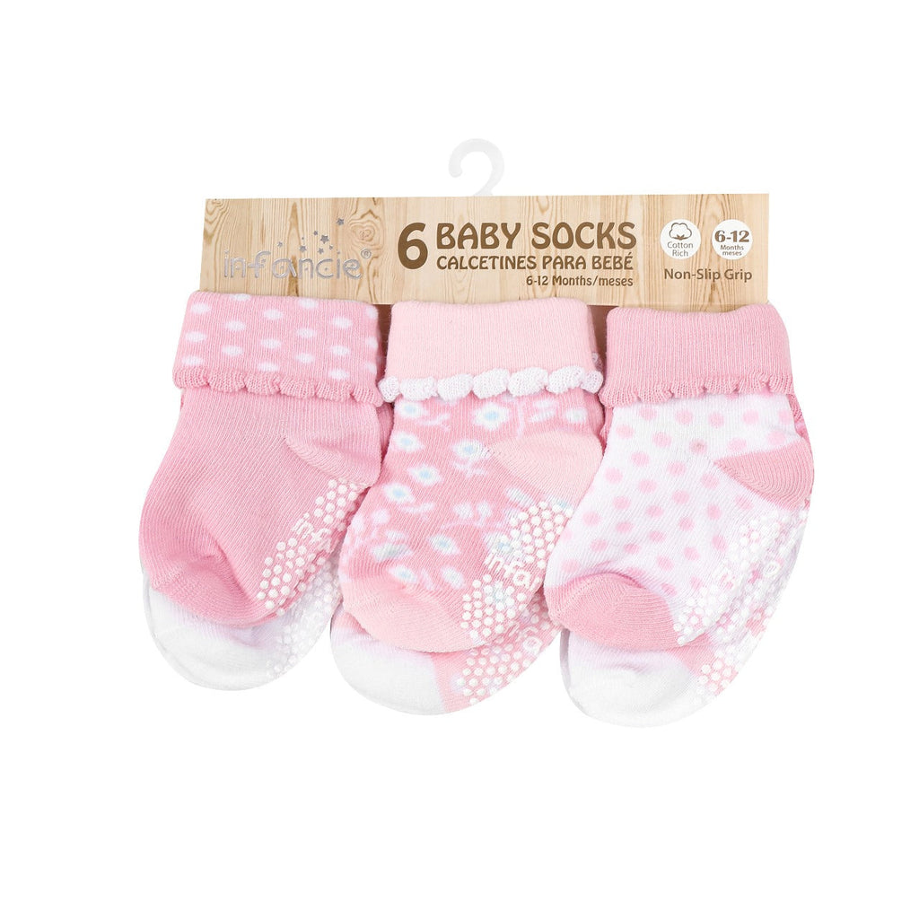 Infancie Baby Girls 6-Pack Socks White/Pink Age- Newborn to 6 Months IT4955