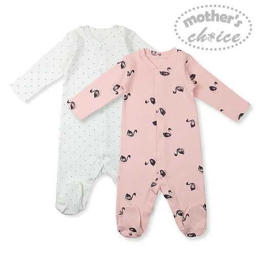 Motherschoice Flamingo & Polka Dots Infant Girls Footed Full Sleeve Babygrower/Onesie Pack of 2 Pink/White IT11630