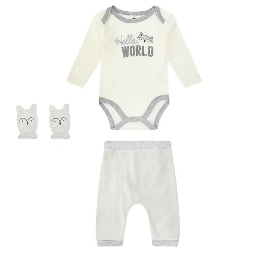 Motherschoice 3-Pcs Winter Set of Bodysuit, Mink Leggings and Mittens White/Grey IT4728